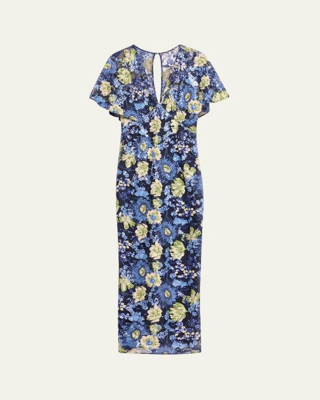 V-Neck Flower Sequin Cape-Sleeve Column Maxi Dress